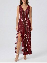 Robe fendue à volants Hawaï imprimé pois et lignes ondulées - Rouge Vineux XXL