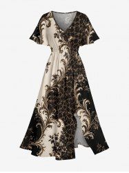 Robe midi trapèze hawaïenne vintage à poches fendues et imprimé baroque à volutes florales dorées - café lumière 2X