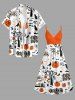 Ensemble assorti pour couple avec imprimé citrouille d'Halloween, toile d'araignée, arbre, corbeau et chauve-souris - Blanc 