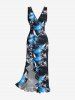 Flowers Leaf Print Hawaii Ruffles Split Surplice Dress -  