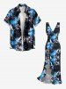 Flowers Leaf Print Hawaii Ruffles Split Surplice Dress -  