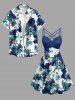 Robe trapèze hawaïenne à fines bretelles, froncée et croisée, imprimé fleurs et feuilles - Bleu profond S