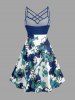 Robe trapèze à fines bretelles croisées et fronces, imprimé fleurs et feuilles d'Hawaï - Bleu profond M