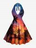 Ombre Dusk Sunset Coconut Tree Print Hawaii Plunging Halter A Line Dress -  