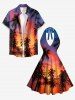 Ombre Dusk Sunset Coconut Tree Print Hawaii Plunging Halter A Line Dress -  