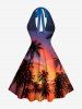 Ombre Dusk Sunset Coconut Tree Print Hawaii Plunging Halter A Line Dress -  