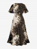 Robe midi trapèze hawaïenne vintage à poches fendues et imprimé baroque à volutes florales dorées - café lumière 2X