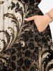 Robe midi trapèze hawaïenne vintage à poches fendues et imprimé baroque à volutes florales dorées - café lumière 2X