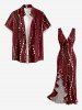 Robe fendue à volants Hawaï imprimé pois et lignes ondulées - Rouge Vineux XXL