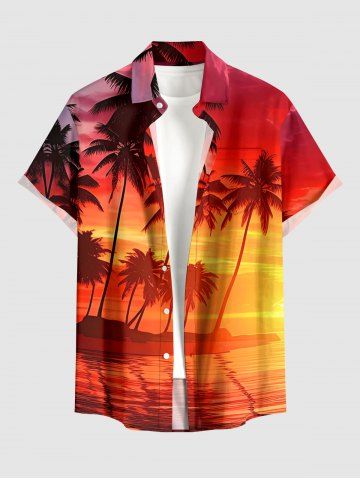 Chemise hawaïenne pour homme à imprimé cocotiers et paysage marin, poches boutonnées - BURNT ORANGE - XL