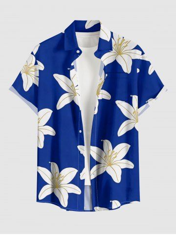 Flowers Print Buttons Pocket Hawaii Shirt For Men - BLUE - M