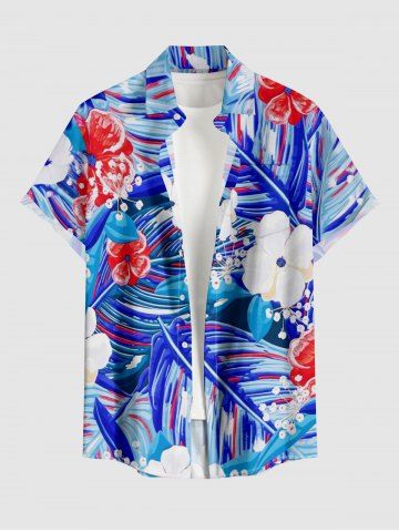 Chemise hawaïenne pour homme à imprimé fleurs et feuilles tropicales, avec boutons et poche - BLUE - 6XL
