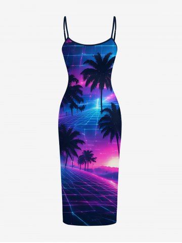 Robe ajustée Hawaï imprimé 3D palmier cocotier dégradé à paillettes