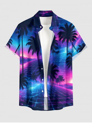 Coconut Tree Ombre Glitter 3D Print Buttons Pocket Hawaii Shirt For Men - PURPLE - XL