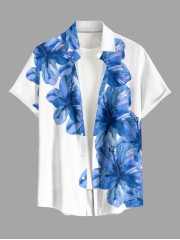 Hibiscus Flowers Print Buttons Pocket Hawaii Shirt For Men - BLUE - XL