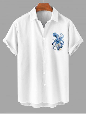 Octopus Flowers Print Buttons Hawaii Shirt For Men - BLUE - L