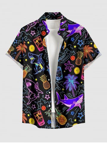 Chemise hawaïenne pour homme boutonnée avec poche, imprimé cocotier, requin et jus d'ananas - BLACK - S
