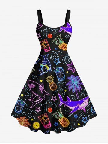 Robe trapèze à imprimé Hawaï cocotier, requin et jus d’ananas - BLACK - 1X