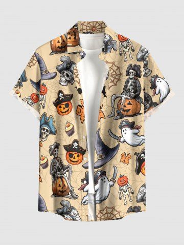 Halloween Skeleton Pirate Pumpkin Ghost Spider Web Print Button Pocket Shirt For Men - TAN - S