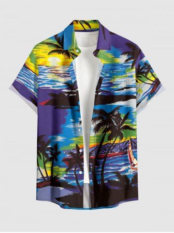Coconut Tree Seascape Print Hawaii Button Pocket Shirt For Men - CONCORD - 5XL