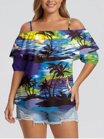 Blouse à épaules dénudées à volants, imprimé cocotier et paysage marin d'Hawaï - CONCORD - S