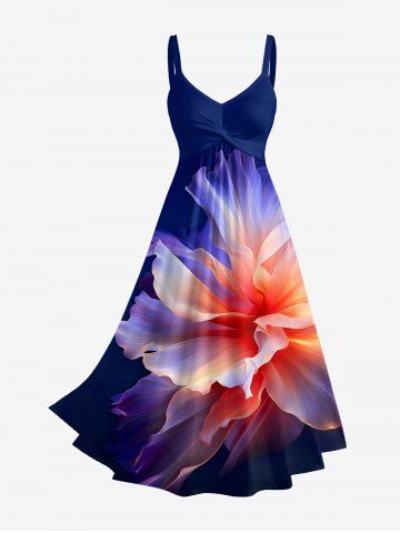 Ombre Flower Print Hawaii Twist A Line Dress - DEEP BLUE - XXS