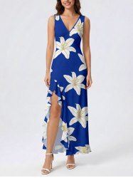 Robe cache-cœur fendue à volants imprimé fleurs hawaïennes - Bleu XXL