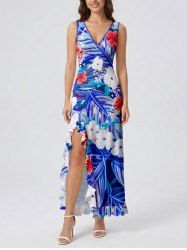 Flowers Tropical Leaf Print Hawaii Ruffles Split Surplice Dress - Bleu XXXL