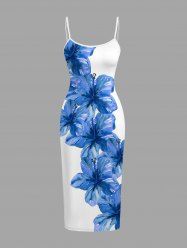 Robe ajustée Hawaï imprimé fleurs d'hibiscus - Bleu 1X