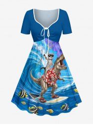 Robe trapèze ceinturée à imprimé Hawaï chat, dinosaure, vagues, fleurs d'hibiscus et poissons - Pers 3X