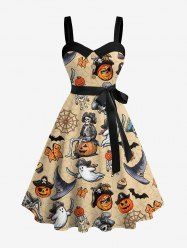 Halloween Skeleton Pirate Pumpkin Ghost Spider Web Print Button A Line Dress with Removable Belt -  