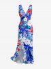Flowers Tropical Leaf Print Hawaii Ruffles Split Surplice Dress - Bleu XXXL