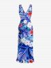 Flowers Tropical Leaf Print Hawaii Ruffles Split Surplice Dress - Bleu XXXL
