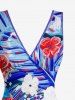 Flowers Tropical Leaf Print Hawaii Ruffles Split Surplice Dress - Bleu XXXL
