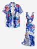 Flowers Tropical Leaf Print Hawaii Ruffles Split Surplice Dress - Bleu XXXL