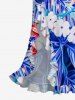 Flowers Tropical Leaf Print Hawaii Ruffles Split Surplice Dress - Bleu XXXL
