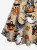 Halloween Skeleton Pirate Pumpkin Ghost Spider Web Print Button A Line Dress with Removable Belt -  