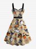 Halloween Skeleton Pirate Pumpkin Ghost Spider Web Print Button A Line Dress with Removable Belt -  