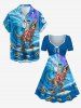 Robe trapèze ceinturée à imprimé Hawaï chat, dinosaure, vagues, fleurs d'hibiscus et poissons - Pers 3X