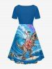 Robe trapèze ceinturée à imprimé Hawaï chat, dinosaure, vagues, fleurs d'hibiscus et poissons - Pers 3X