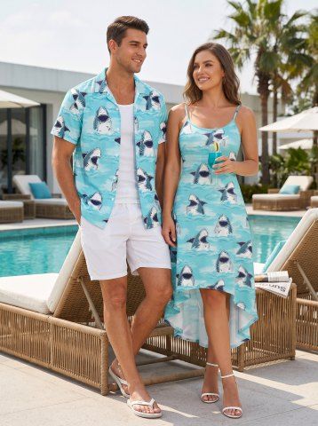 Shark Sea Print Matching Hawaii Beach Outfit For Couples