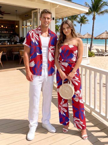 Tenue de plage hawaïenne assortie pour couples, motif floral bicolore - RED