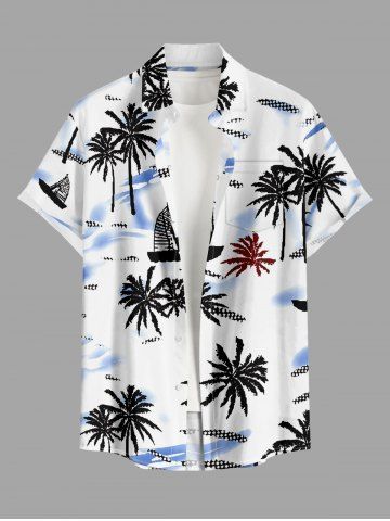 Coconut Tree Sailboat Print Buttons Pocket Hawaii Shirt For Men - WHITE - 5XL