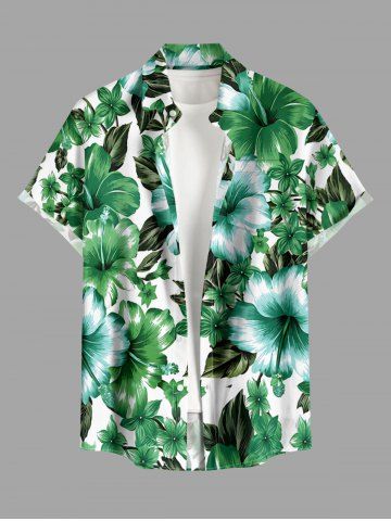 Hibiscus Flower Leaf Print Buttons Pocket Hawaii Shirt For Men - GREEN - S