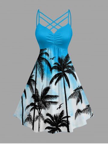 Robe hawaïenne imprimé dégradé cocotier, froncée avec résille et bretelles croisées - LAKE BLUE - 3X