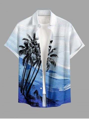 Coconut Tree Sea Print Hawaii Button Pocket Shirt For Men - BLUE - 6XL
