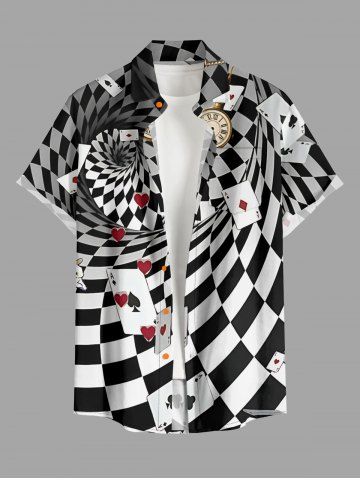 Spiral Checkerboard Poker Print Hawaii Button Pocket Shirt For Men - BLACK - 4XL