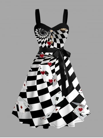 Robe trapèze à boutons hawaïens imprimé poker et damier spirale avec ceinture amovible - BLACK - 5X