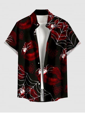 Chemise boutonnée avec poche pour homme, imprimé toile d'araignée et lèvres Halloween - DEEP RED - S