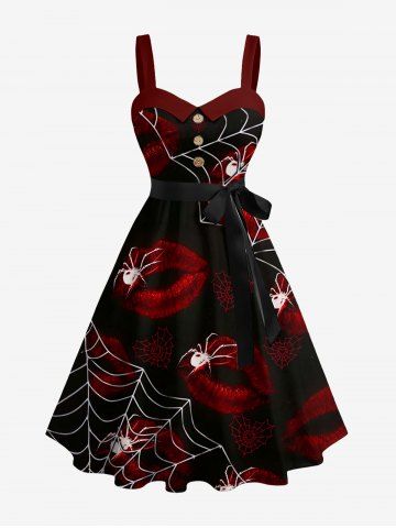 Robe trapèze boutonnée à imprimé toile d'araignée et lèvres pour Halloween avec ceinture amovible - DEEP RED - L